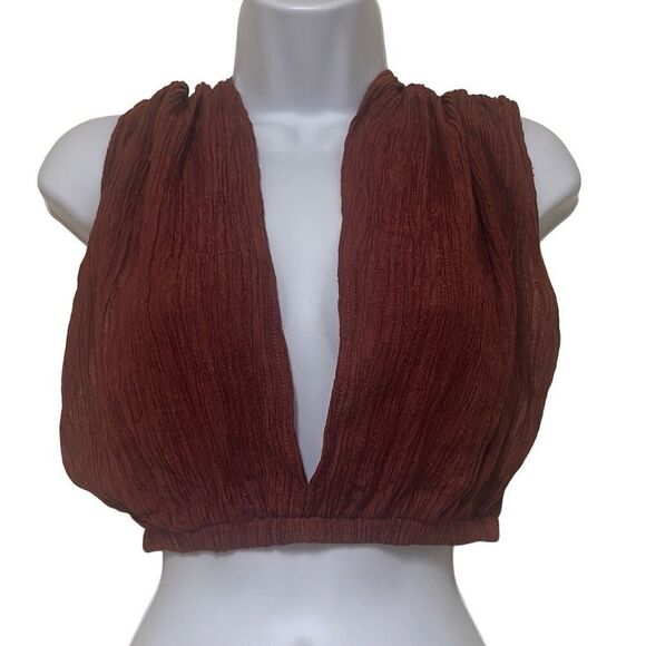 Savannah Morrow XS Kamala Crop Top Crinkled Silk Blend Deep V Neck Paprika Brown - Picture 3 of 8